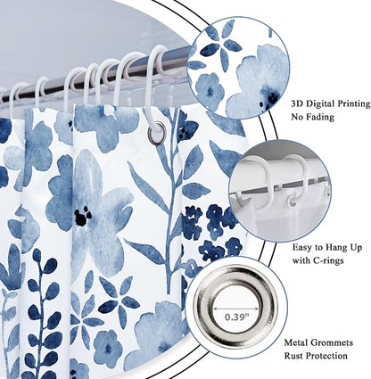 Navy Blue Floral Wildflower Watercolor Flower Bathroom Shower Curtain Set | 72"W x 72"H Leaves Botanical; waterproof HD print, quick-dry fabric with 12 hooks for easy hanging.