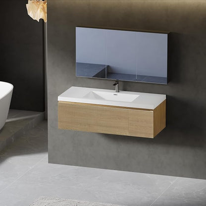 48" Floating Bathroom Vanity with Sink, Wall-Mounted Modern Oak Storage Cabinet, Wave-Textured Soft-Close Drawer & Glossy White Solid Surface Basin, Natural Oak