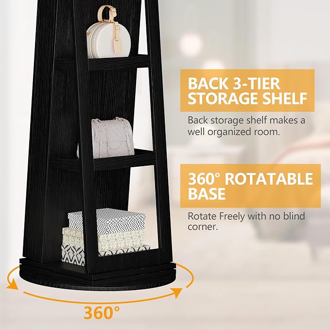 LVSOMT Standing Jewelry Cabinet with Sliding Full Length Mirror, Black | 360° Swivel Mirror with Jewelry Storage, Lockable Jewelry Armoire Organizer with 3 Rear Shelves for Bedroom, Gift for Women