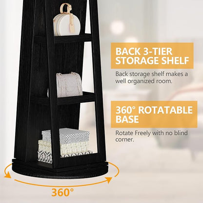 LVSOMT Standing Jewelry Cabinet with Sliding Full Length Mirror, Black | 360° Swivel Mirror with Jewelry Storage, Lockable Jewelry Armoire Organizer with 3 Rear Shelves for Bedroom, Gift for Women