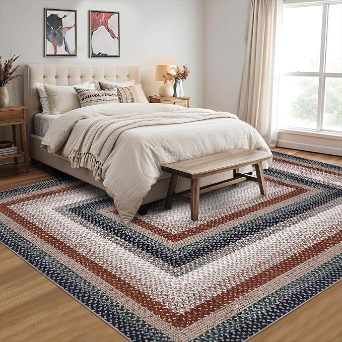 Imitation Braided Collection-Print Washable Rug 6 x 9 Area Rug for Living Room Large Area Rug for Bedroom Rustic Non Slip Throw Rugs Soft Low Pile Stain Resistant Carpet for Dining Room 6'x9'