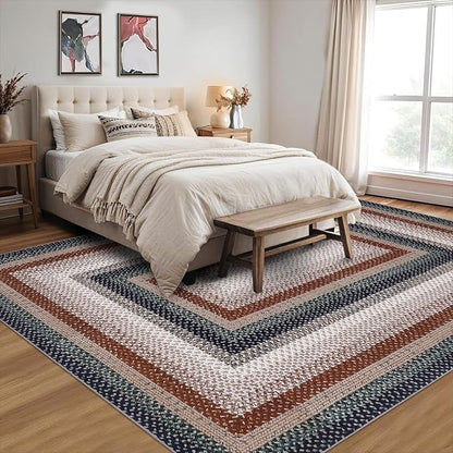 Imitation Braided Collection-Print Washable Rug 6 x 9 Area Rug for Living Room Large Area Rug for Bedroom Rustic Non Slip Throw Rugs Soft Low Pile Stain Resistant Carpet for Dining Room 6'x9'