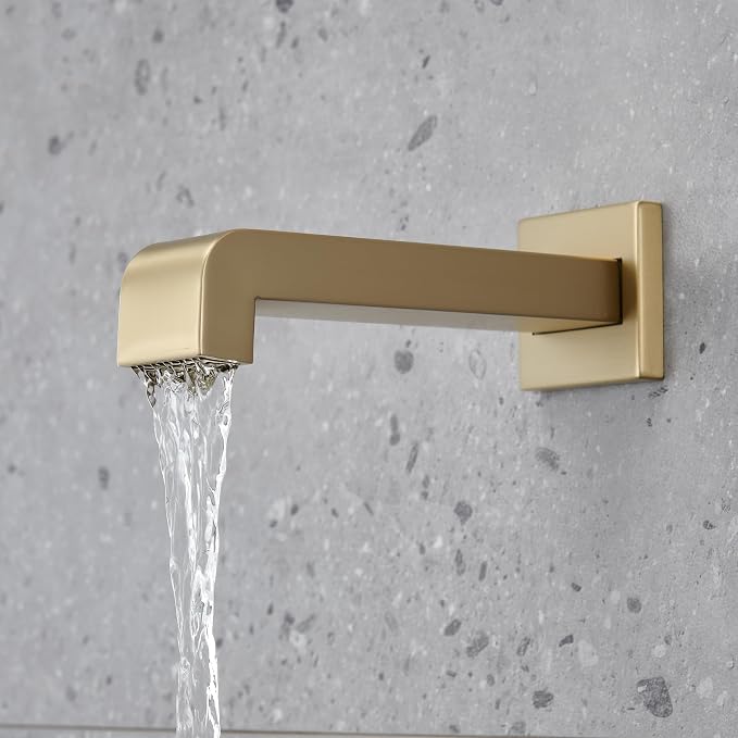 Shower Faucet Set with Tub Spout and 12" Gold Shower Head with Handheld | 12-inch rainhead, 3-function diverter, 304 stainless tub spout, brass pressure balancing shower valve, brushed gold finish