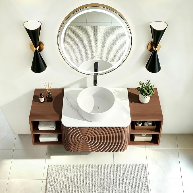 48" Floating Bathroom Vanity with Sink, Mid-Century Wall Mounted Bathroom Vanity Cabinet with Wood Waved Decor,Ceramic Vessel Basin and Sintered Stone Top, Soft Close Drawer, 2 Side Open Cube