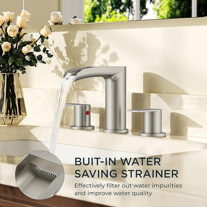 FORIOUS Bathroom Faucets 3 Hole, Waterfall Bathroom Sink Faucet with Pop-Up Drain & Water Supply, Brushed Nickel 8 Inch Widespread for Restroom, Vanity, Commercial Lavatory