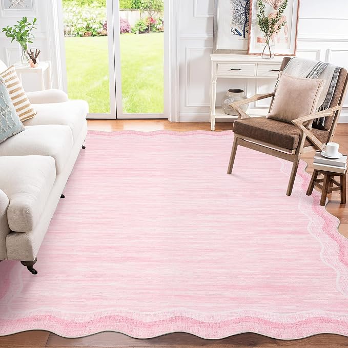 Garvee Scallop Area Rug 5x7 Washable Rugs for Bedroom Neutral Rug Pink | Rugs for Living Room, Non-Slip Soft Carpet for Bedroom, Scalloped Low-Pile Solid Rug Accent Rug for Dining Room Home Office
