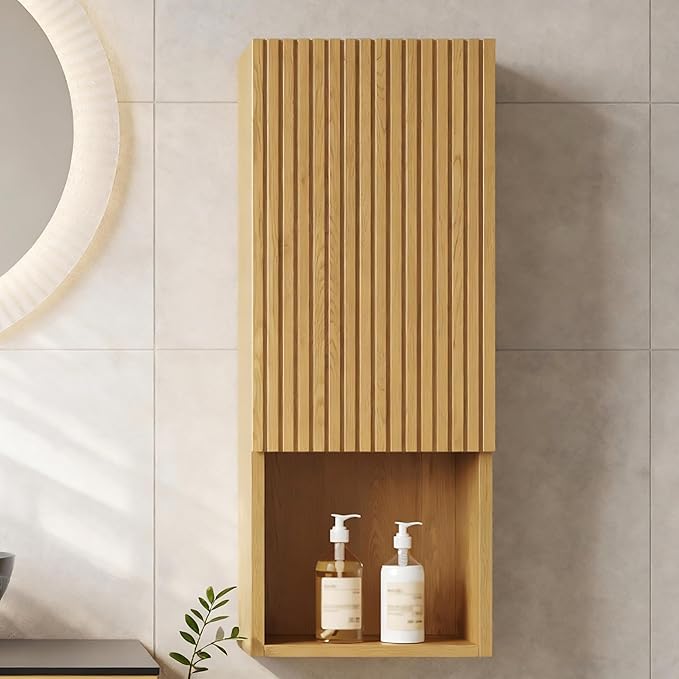 14" Floating Bathroom Storage Cabinet, Modern Wall Cabinets with Soft-Closing Door & Open Shelf, Bathroom Side Cabinet for Small Spaces, Apartment, Oak