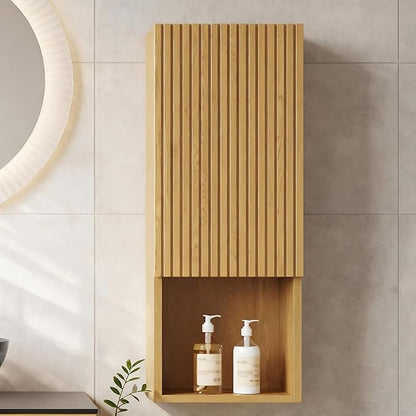 14" Floating Bathroom Storage Cabinet, Modern Wall Cabinets with Soft-Closing Door & Open Shelf, Bathroom Side Cabinet for Small Spaces, Apartment, Oak