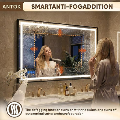 Antok 24X32 LED Bathroom Mirror with Lights, Vanity Mirror for Wall with Black Frame, Touch Control, Anti-Fog, Dimmable Lights, Shatter-Proof, Memory Function, Wall-Mounted Vanity Mirrors