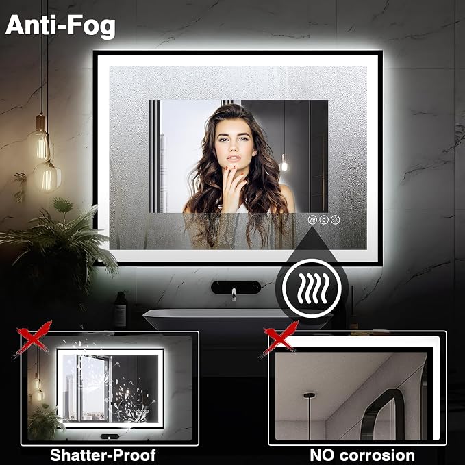 EchosLife 40x24 LED Bathroom Mirror - Black Aluminum Framed | Black Frame, Front and Backlit, Anti-Fog, Stepless Dimmable, 3 Colors, Memory, Tempered Glass, UL Listed, Horizontal/Vertical
