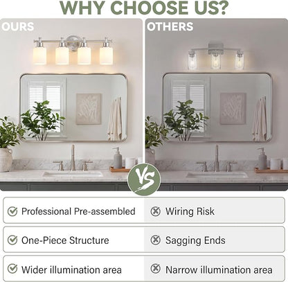 4 Light Bathroom Vanity Light Fixture Over Mirror, Brushed Nickel, 23'' | Vanity Lights for Bathroom, Bedroom, Living Room, White Frosted Glass Shades, Modern, E26(Bulbs Not Included)