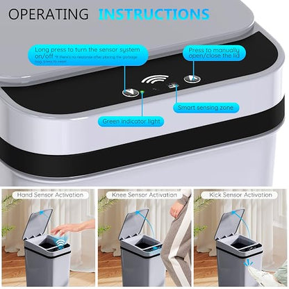 Bathroom Small Trash Can with Lid, Automatic Garbage Can, 2.6 Gallon | 3 Pack Touchless Slim Waterproof Motion Sensor Smart Trash Bin for Bedroom, Office, Living Room-White/Black/Grey