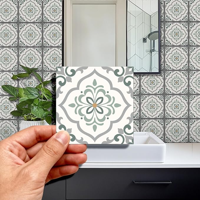 36 Pcs Retro Gray Green Patten Peel and Stick Tile Sticker, 4x4in | Geometric Patterns Waterproof Self Adhesive Stick on Decals for Kitchen Bathroom Wall Art
