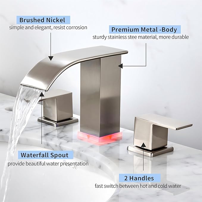 Bathroom faucets 3 Hole Brushed Nickel Vanity Faucet with led Waterfall Bathroom Faucet 3 Hole Sink Faucet Bathroom 8 inch Widespread Modern Parts Touch on 2 Handle(Brushed Nickel)