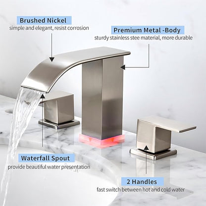 Bathroom faucets 3 Hole Brushed Nickel Vanity Faucet with led Waterfall Bathroom Faucet 3 Hole Sink Faucet Bathroom 8 inch Widespread Modern Parts Touch on 2 Handle(Brushed Nickel)