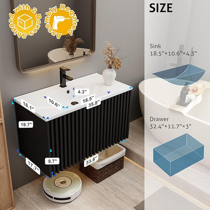 eclife 36" Floating Bathroom Vanity with Sink Combo, Modern Wall Mounted Cabinet with 2 Fluted Drawers, Undermount Sink, Faucet, Drain, Black
