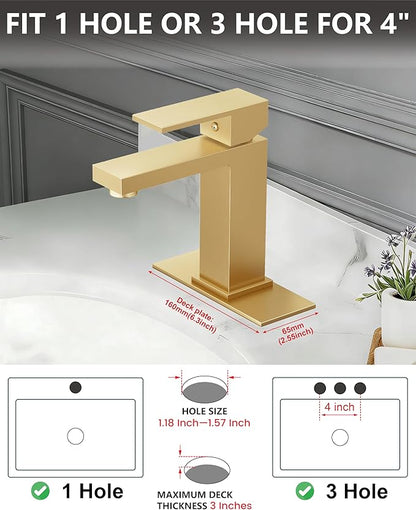 Midanya Bathroom Faucets 1 Hole, Single Handle Stainless Steel Bathroom Sink Faucet, Modern Vanity Faucets with Deck Plate,Water Supply Hoses and Pop Up Drain,Brushed Gold