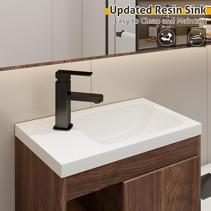 eclife 20" Floating Bathroom Vanity Sink Combo for Small Space, Wall-Mounted Guest Toilet Wash Basin Cabinet with Opening Shelf, Soft Closing Door, Walnut Veneered