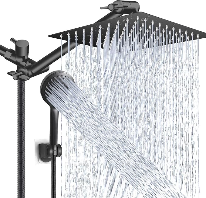 Black Shower Head Combo,10 Inch High Pressure Rain with 11" Extension Arm | 5 Settings Handheld Powerful Shower Spray Against Low Pressure Water, Free Installation Matte Black