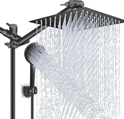 Black Shower Head Combo,10 Inch High Pressure Rain with 11" Extension Arm | 5 Settings Handheld Powerful Shower Spray Against Low Pressure Water, Free Installation Matte Black