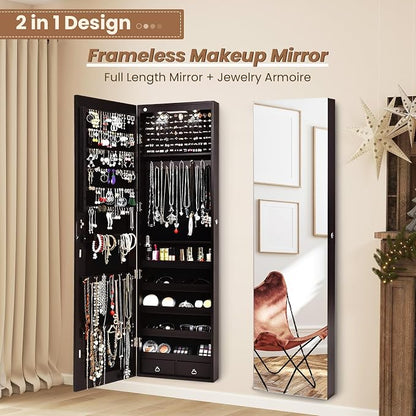 NAFORT 2 LEDs Mirror Jewelry Cabinet, 47.5-Inch Tall Wall or Door Mounted Jewelry Organizers and Storage with Frameless Full-length Mirror, Lockable Jewelry Armoire with 2 Drawers, Espresso
