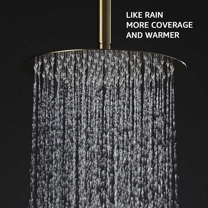 TIPOK Brushed Gold Shower Fixture with 10 Inch Round Shower Head and Handheld Bathroom Golden Rain Shower Faucet Set Contain Brass Rough-in Valve and Trim Kit, Ceiling Mount Gold Shower System
