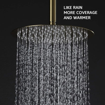 TIPOK Brushed Gold Shower Fixture with 10 Inch Round Shower Head and Handheld Bathroom Golden Rain Shower Faucet Set Contain Brass Rough-in Valve and Trim Kit, Ceiling Mount Gold Shower System