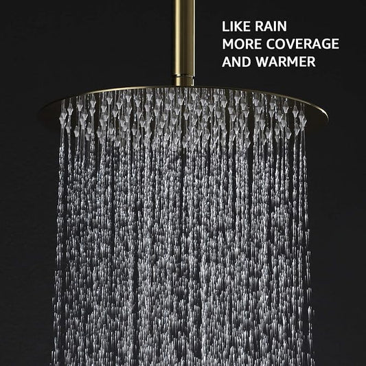 TIPOK Brushed Gold Shower Fixture with 10 Inch Round Shower Head and Handheld Bathroom Golden Rain Shower Faucet Set Contain Brass Rough-in Valve and Trim Kit, Ceiling Mount Gold Shower System