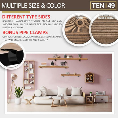TEN49 Real Wood Rustic Floating Shelves Wall - 48 Wide Small Wooden Industrial Pipe Shelving - Farmhouse Pipe Wall Shelves Furniture Bathroom Decor Art Shelf Kitchen - Dark Espresso Color - Set of 2
