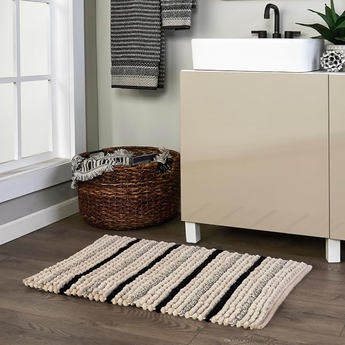 SKL Home Roseville Bath Rug, Plush Chenille, Anti-Slip, 20" x 30", Tan | 100% Cotton with Latex backing. Ultra-soft & absorbent. Modern stripe design works in the bathroom, kitchen or any space.