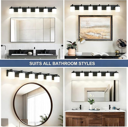 Vanity Lights, Modern Bathroom Light Fixtures Wall Sconce Light | 6-light black bathroom light fixtures over mirror with milky white square glass shade, 45 Inches farmhouse lighting fixtures