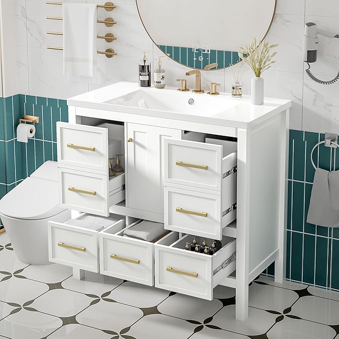Merax 36 Inch White Bathroom Vanity with Sink,Modern Bathroom Sink Cabinet 36" with 5 Drawers & Storage Cabinet,Spacious Integrated Countertop,Gold Handles,Soft Closing,Solid Wood Frame