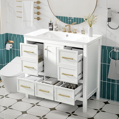 Merax 36 Inch White Bathroom Vanity with Sink,Modern Bathroom Sink Cabinet 36" with 5 Drawers & Storage Cabinet,Spacious Integrated Countertop,Gold Handles,Soft Closing,Solid Wood Frame