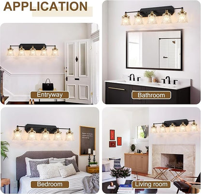 Vintage Bathroom Vanity Light Fixtures, Black and Gold 5-Light Vanity Light, Antique Bathroom Lighting Fixtures Over Mirror with Crystal Glass Shade, Vanity Lights for Bedroom Living Room Hallway
