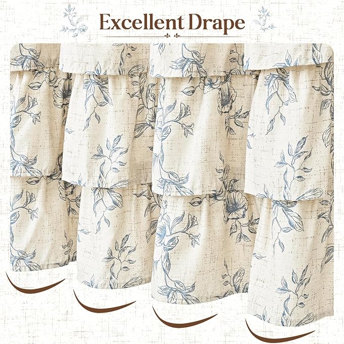 Extra Long Farmhouse Ruffle Shower Curtains with Blue Floral, 72"Wx90"L | French Country Vintage Rustic Washable Waterproof Shower Curtain for Bathroom Bathtub, 12 Metal Hooks