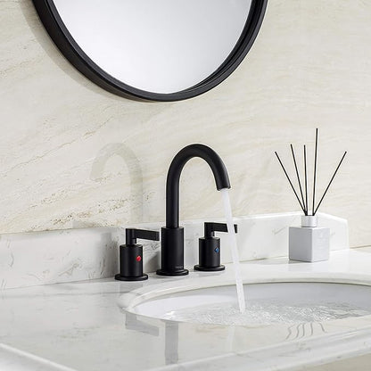 Matte Black 2 Handle 8 Inch Widespread Bathroom Sink Faucet with Pop-Up Drain, High Arc Modern Bathroom Vanity Lavatory Faucet 3 Holes with Brass 360° Swivel Spout, TAF830C-MB