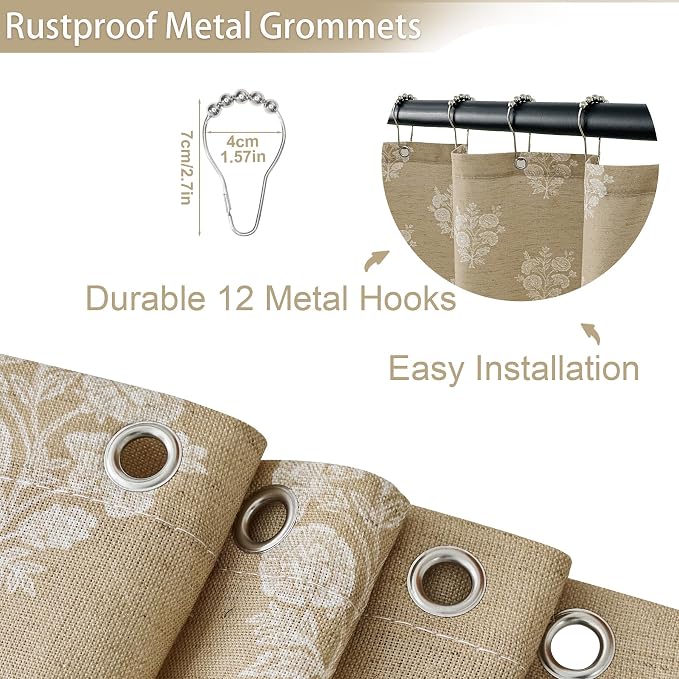 ORTIGIA Linen Textured Ruffle Shower Curtain with Metal Hooks, Brown Vintage Block Print Floral Boho Waterproof Bath Curtain for Rustic Farmhouse Bathroom Decor 72x72 Inch