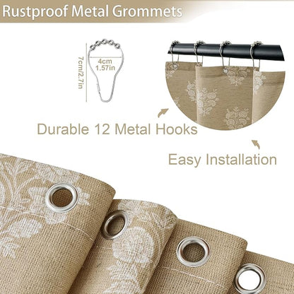 ORTIGIA Linen Textured Ruffle Shower Curtain with Metal Hooks, Brown Vintage Block Print Floral Boho Waterproof Bath Curtain for Rustic Farmhouse Bathroom Decor 72x72 Inch