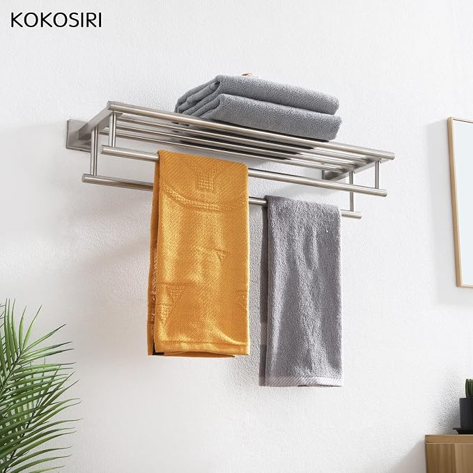 KOKOSIRI 24 Inch Towel Shelf with Double Towel Bars Bathroom Towel Rack Towel Holder Wall Mounted SUS 304 Stainless Steel, Brushed Nickel, B6005BR-L24