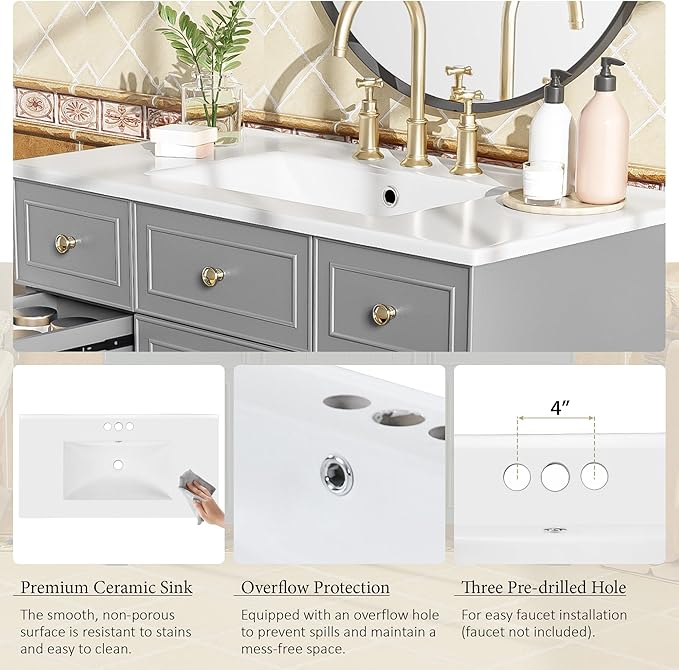 LUMISOL 36" Bathroom Vanity with Sink Top, Modern Bathroom Vanities with 3 Drawers & Cabinet, Solid Wood Bathroom Cabinet with Undermount Basin Sink, Grey