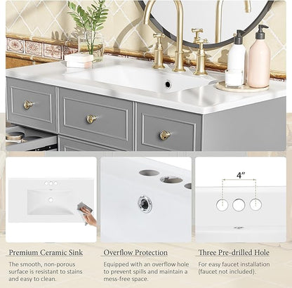 LUMISOL 36" Bathroom Vanity with Sink Top, Modern Bathroom Vanities with 3 Drawers & Cabinet, Solid Wood Bathroom Cabinet with Undermount Basin Sink, Grey