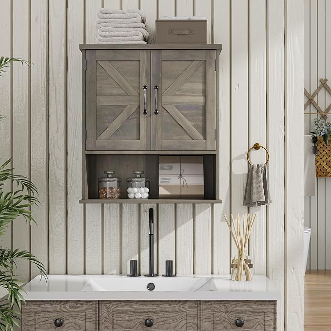 Bathroom Wall Cabinet with Barn Doors, Wall Mounted Bathroom Storage Cabinet, Farmhouse Style, Adjustable Shelf, Wall Mounted, Grey
