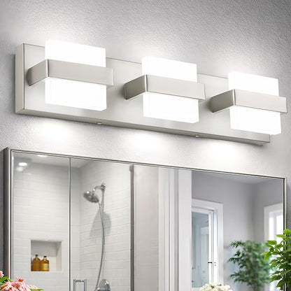 SOLFART Brushed-Nickel Bathroom Vanity Light Fixtures Over Mirror, Dimmable Vanity Lights for Bathroom, 3 Lights Bathroom Lighting Modern LED Lights