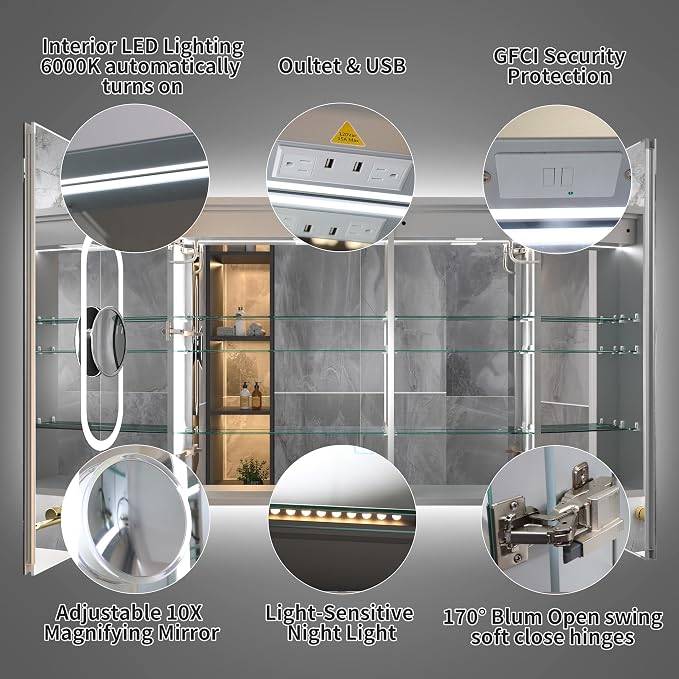 40x32-Inch Lighted Medicine Cabinet with Mirror,Removable 10X Magnificer | Clock,1800W Outlet,Soft-Closed,Front&Backlit,Anti-Fog,Dimmable&Tunable,Sensor LED,Recessed/Surface,Adjustable Shelves