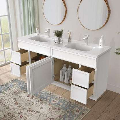 HomeBeyond 72 Inches Bathroom Vanity Base Cabinet Without Sink, Double Sink Top with Door & Soft Closing Drawers, Sturdy Floor Mounted Cabinet 2-Door 4-Drawer, White
