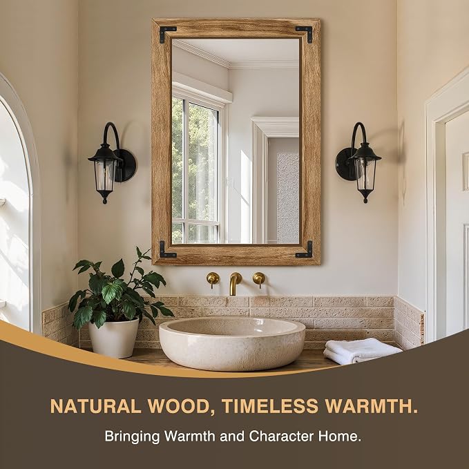 Bathroom Mirror for Wall, 26" x 38" Wooden Vanity Mirror | Solid Wood Frame, Rustic Farmhouse Style, Shatterproof Glass, for Bedroom, Living Room, Entryway Decor, Vertical/Horizontal