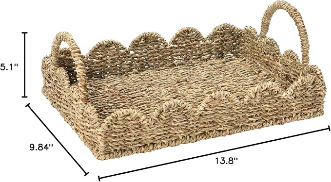 Household Essentials Seagrass Decorative Tray with Scalloped Edge, Handwoven Natural Wicker Organizer Basket with Handles & Iron Frame for Coffee Tables, Bathrooms & Countertops (Pack of 8)