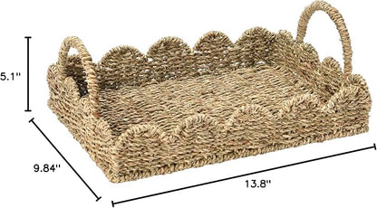 Household Essentials Seagrass Decorative Tray with Scalloped Edge, Handwoven Natural Wicker Organizer Basket with Handles & Iron Frame for Coffee Tables, Bathrooms & Countertops (Pack of 8)