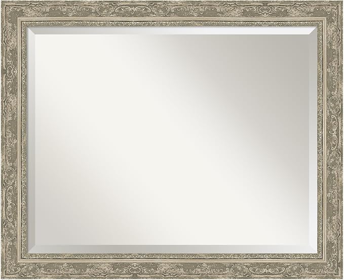 Amanti Art Silver Bathroom Mirror for Over Sink, 26x32 Filigree Silver Rectangle Vanity Mirror, Large Traditional Frame, Hangs Horizonally and Vertically, Bathroom Wall Decor, Beveled Edge