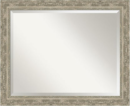 Amanti Art Silver Bathroom Mirror for Over Sink, 26x32 Filigree Silver Rectangle Vanity Mirror, Large Traditional Frame, Hangs Horizonally and Vertically, Bathroom Wall Decor, Beveled Edge